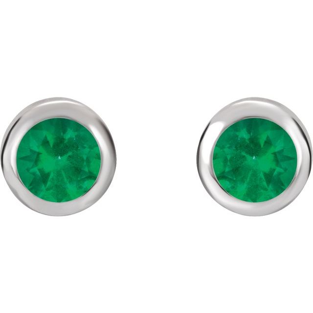14K White 4 mm Round Lab-Created Emerald Birthstone Earrings