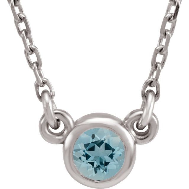 14K White 4 mm Round Aquamarine Bezel-Set Solitaire 16" Necklace 1