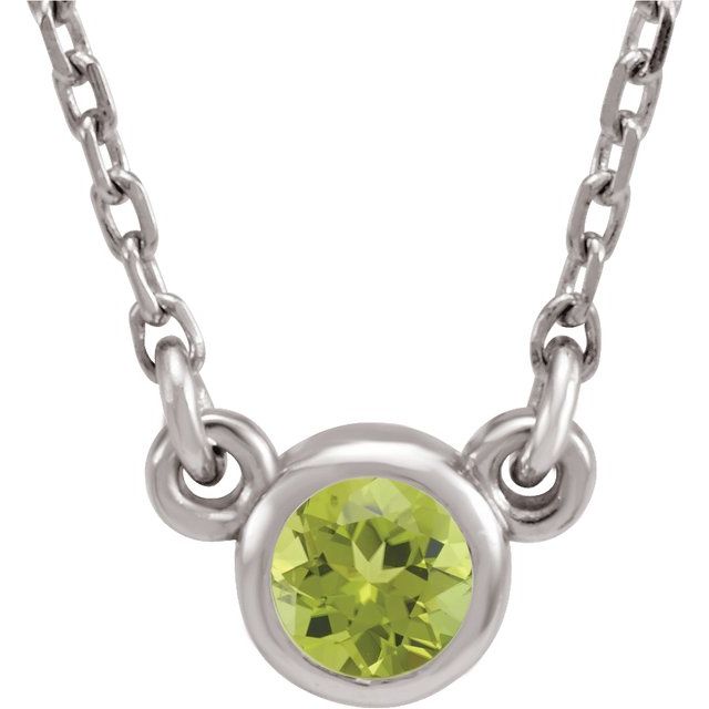 14K White 4 mm Round Peridot Bezel-Set Solitaire 16" Necklace 1