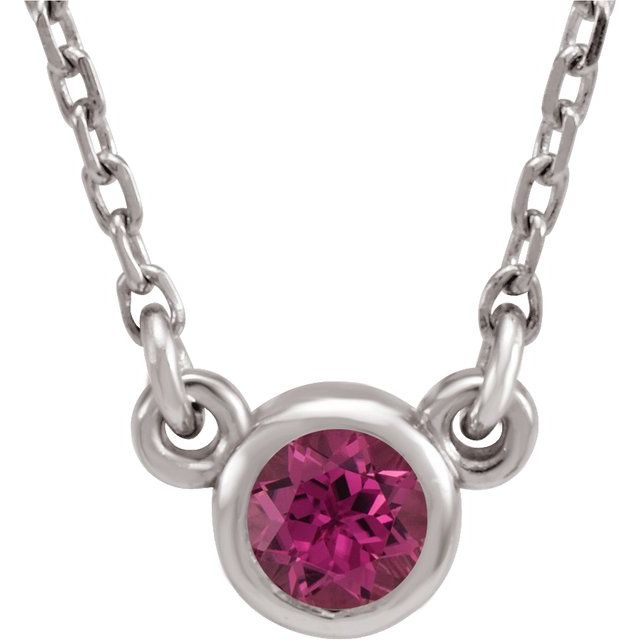Sterling Silver 4 mm Round Imitation Pink Tourmaline Bezel-Set Solitaire 16" Necklace 1