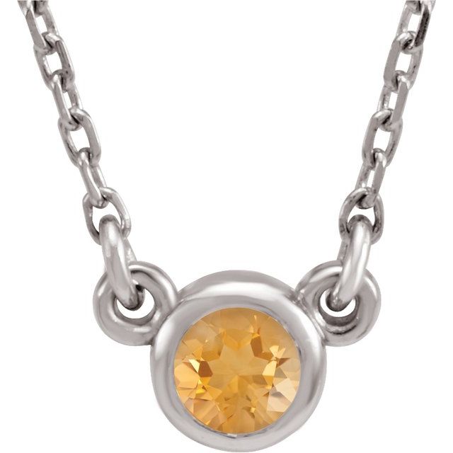 14K White 4 mm Round Citrine Bezel-Set Solitaire 16" Necklace 1