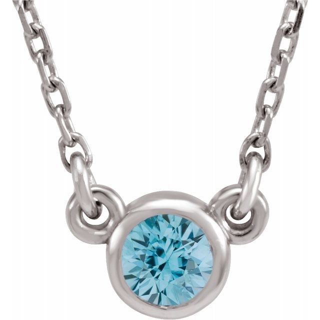 Sterling Silver 3 mm Round Blue Zircon Bezel-Set Solitaire 16" Necklace 1