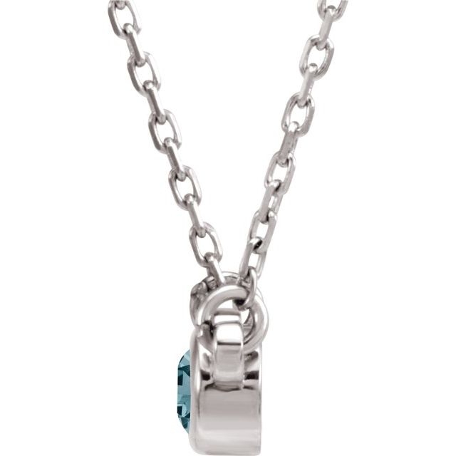 14K White 4 mm Round Aquamarine Bezel-Set Solitaire 16" Necklace 2