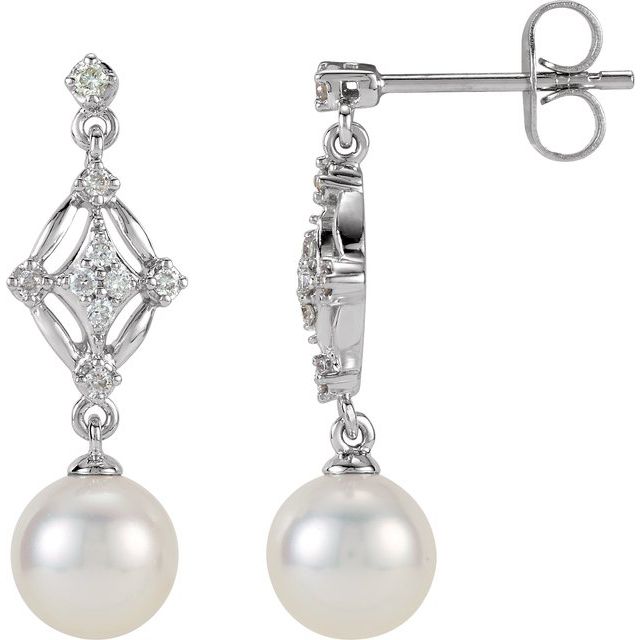 14K White Gold Cultured White Gold Freshwater Pearl & 1/6 CTW Natural Diamond Earrings