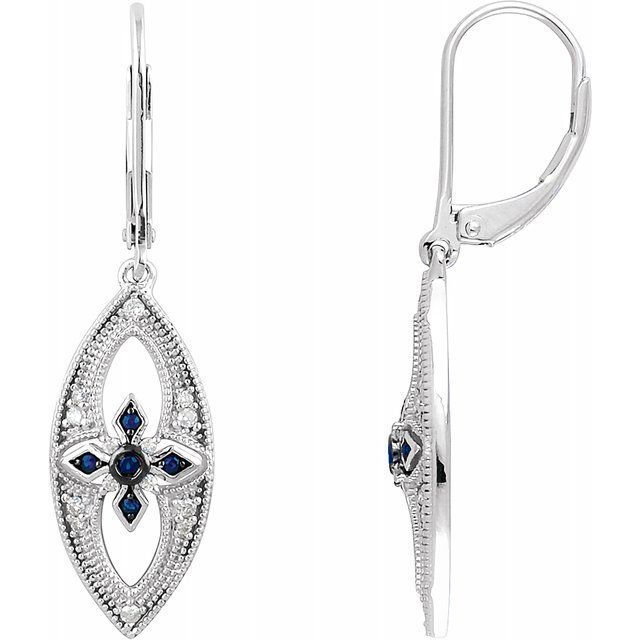 Sterling Silver Blue Sapphire & 1/6 CTW Diamond Lever Back Earrings 1