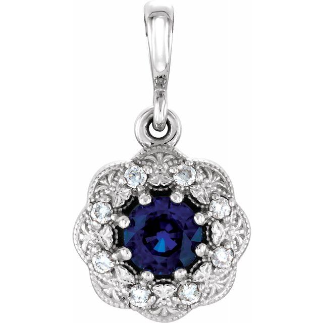 14K White Blue Sapphire & .06CTW Diamond Pendant 1