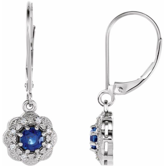 14K White Blue Sapphire & 1/10 CTW Diamond Halo-Style Earrings 1