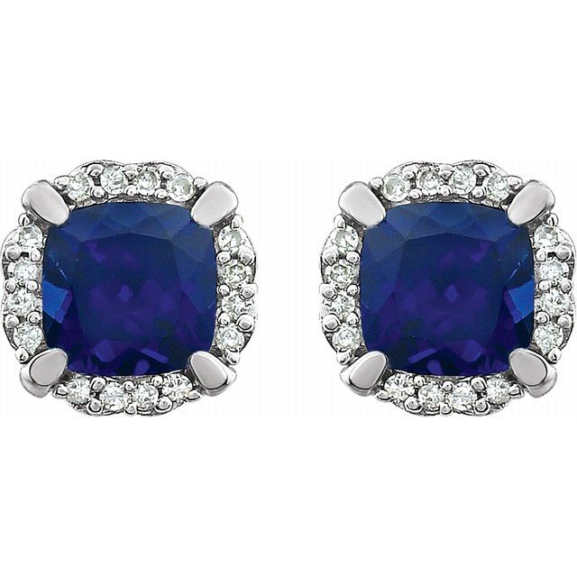 14K White Created Blue Sapphire & 1/10 CTW Diamond Earrings 2