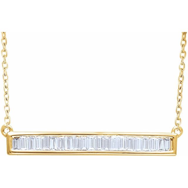 14K Yellow 1/2 CTW Diamond Baguette Bar 16-18" Necklace 1
