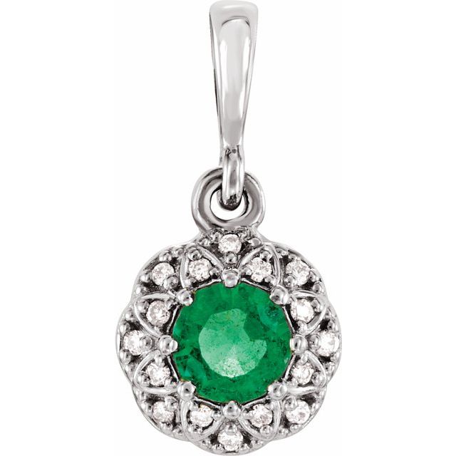 14K White Emerald & .04 CTW Diamond Halo-Style Pendant 1