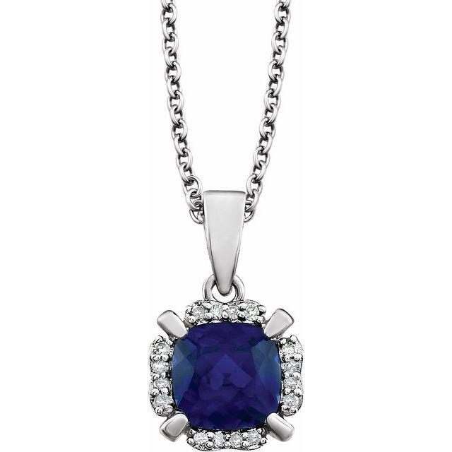 14K White Created Blue Sapphire & .05 CTW Diamond 18" Necklace 1