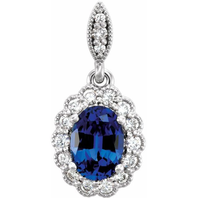 14K White Lab-Created Blue Sapphire and 1/5 CTW Diamond Pendant