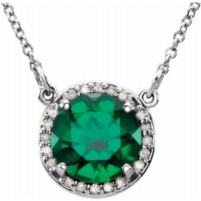 14K White 8 mm Round Lab-Created Emerald & .05 CTW Diamond 16" Necklace