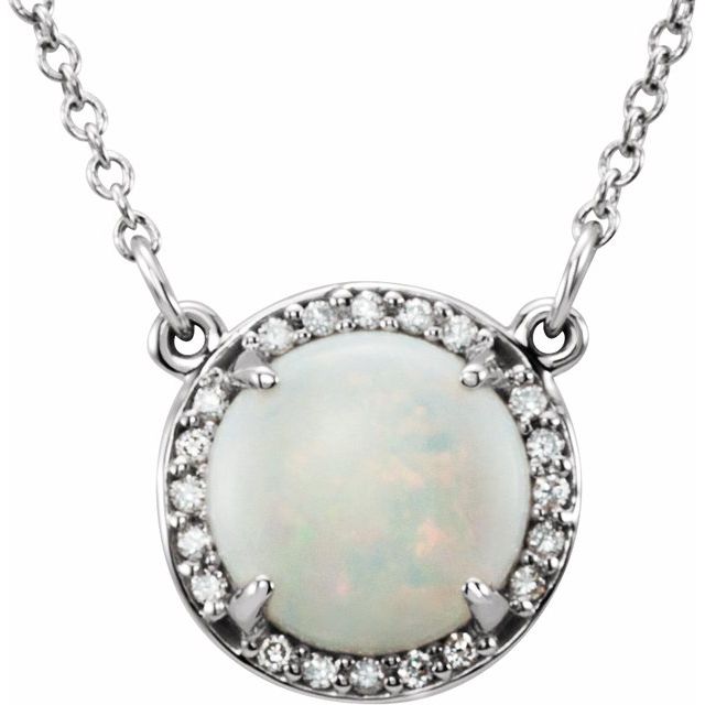 14K White 8 mm Round White Opal & .05 CTW Diamond 16" Necklace 1