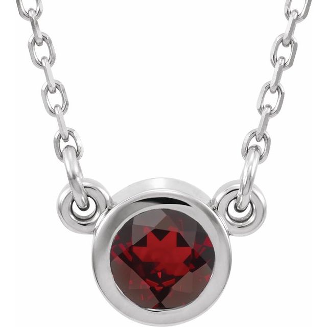 Sterling Silver 4 mm Round Imitation Mozambique Garnet Bezel-Set Solitaire 16" Necklace 1