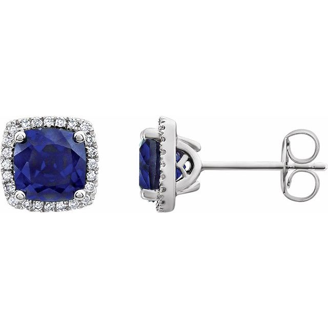 14K White Created Blue Sapphire & 1/8 CTW Diamond Earrings 1