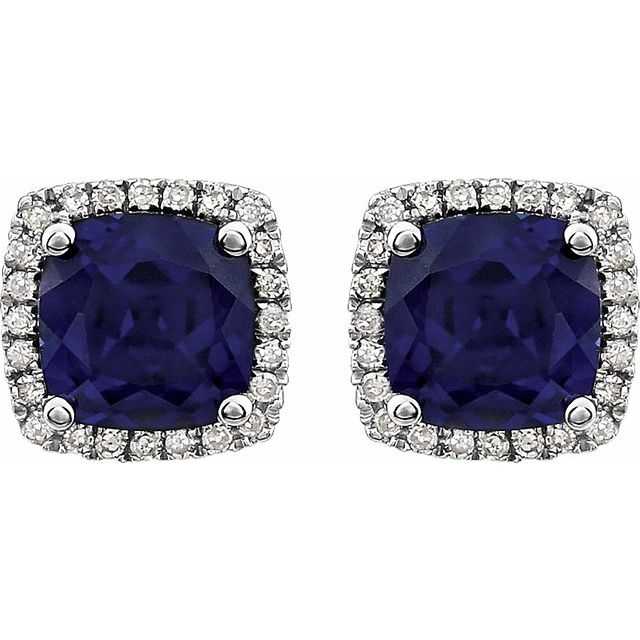 14K White Created Blue Sapphire & 1/8 CTW Diamond Earrings 2