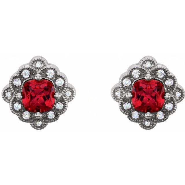 14K White Lab-Created Ruby & 1/10 CTW Diamond Earrings