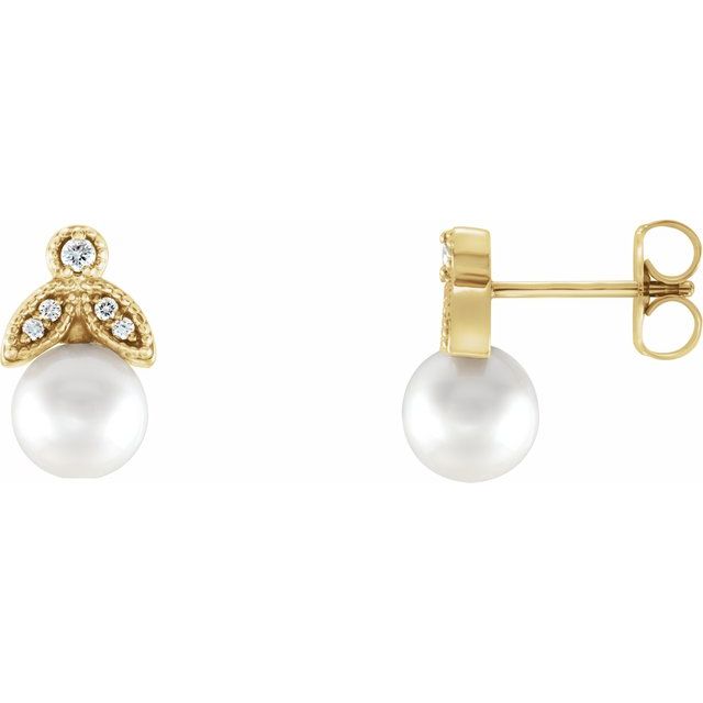 14K Yellow Freshwater Pearl & .07 CTW Diamond Earrings 1