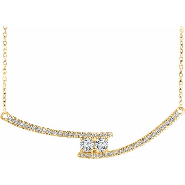 14K Yellow  3/8 CTW Diamond Two-Stone Bar 16-18" Necklace 1