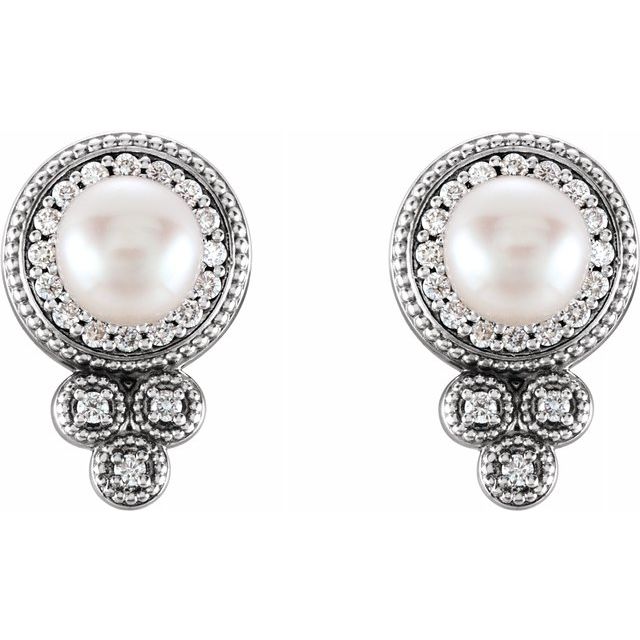 14K White Freshwater Pearl & 1/5 CTW Diamond Earrings 2