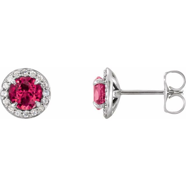 14K White 5 mm Round Lab-Created Ruby & 1/8 CTW Diamond Earrings
