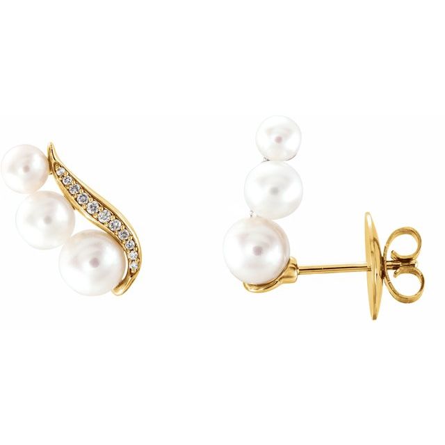 14K Yellow Freshwater Pearl & 1/10 CTW Diamond Ear Climbers 1