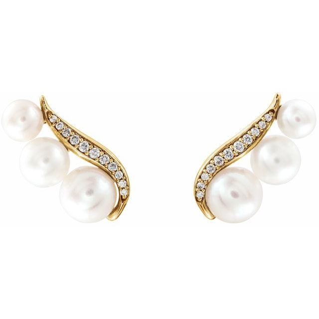 14K Yellow Freshwater Pearl & 1/10 CTW Diamond Ear Climbers 2