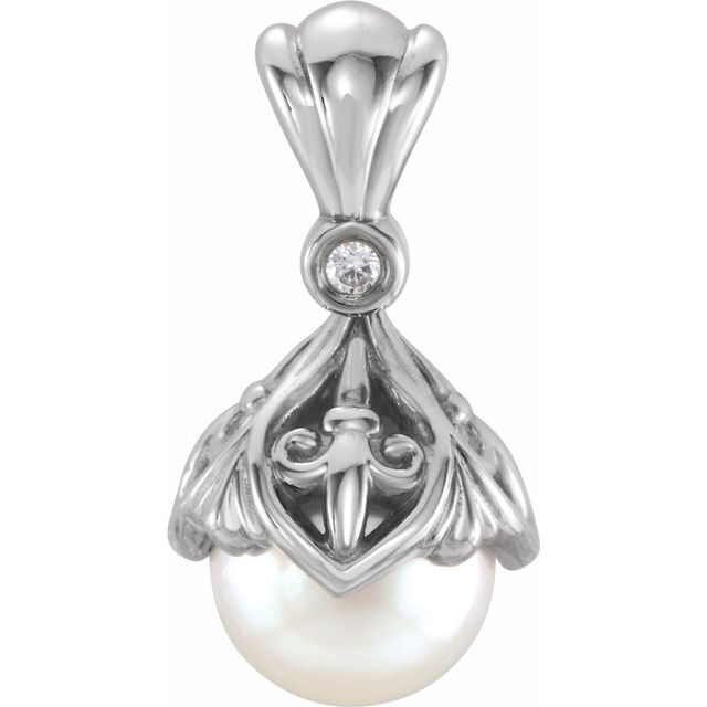 14K White 7-7.5 mm Freshwater Cultured Pearl & .02 CTW Diamond Fleur-de-lis Pendant 1