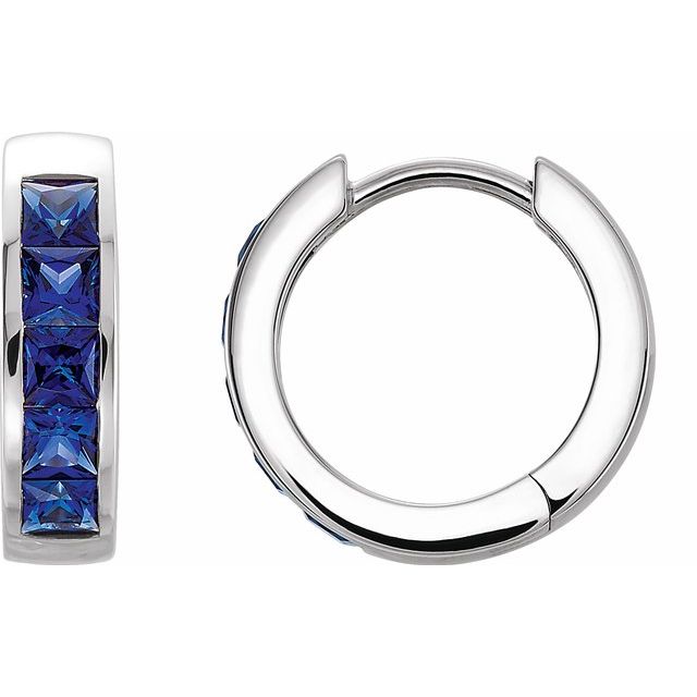 14K White Lab-Created Blue Sapphire Hoop Earrings