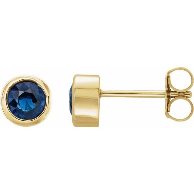 14K Yellow 4 mm Round Genuine Blue Sapphire Birthstone Earrings 1