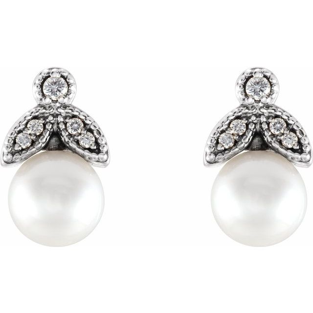 14K White Freshwater Pearl & .07 CTW Diamond Earrings 2
