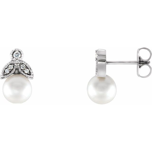 14K White Freshwater Pearl & .07 CTW Diamond Earrings 1