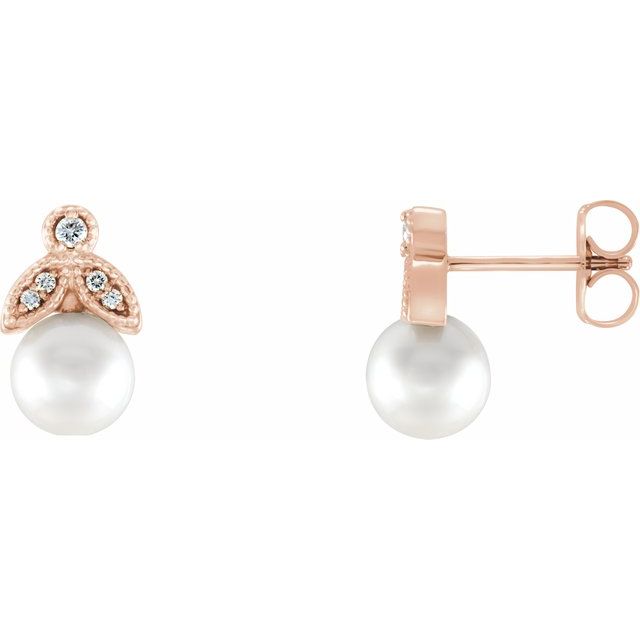 14K Rose Freshwater Pearl & .07 CTW Diamond Earrings 1