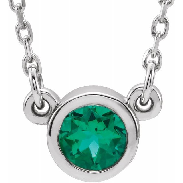 Sterling Silver 4 mm Round Imitation Emerald Bezel-Set Solitaire 16" Necklace 1