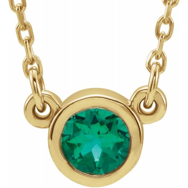 14K Yellow 4 mm Round Lab-Created Emerald Bezel-Set Solitaire 16" Necklace