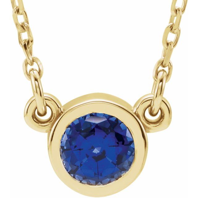 14K Yellow 4 mm Round Lab-Created Blue Sapphire Bezel-Set Solitaire 16" Necklace