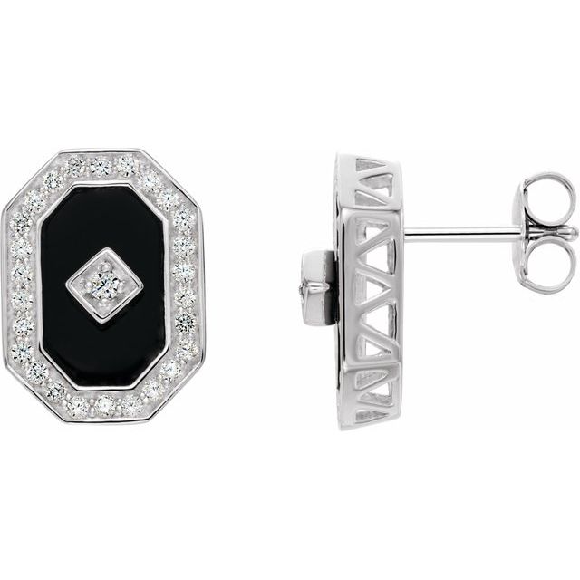 Sterling Silver Onyx & Cubic Zirconia Halo-Style Earrings 1