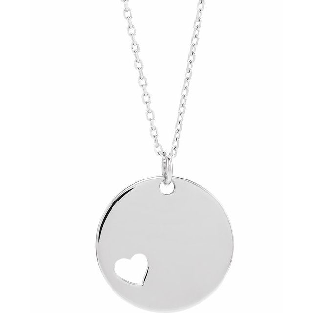 14K White Pierced Heart Engravable Disc 16-18" Necklace 1