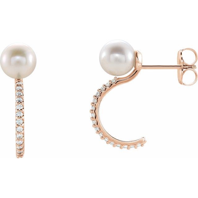 14K Rose Freshwater Cultured Pearl & 1/6 CTW Diamond Hoop Earrings 1
