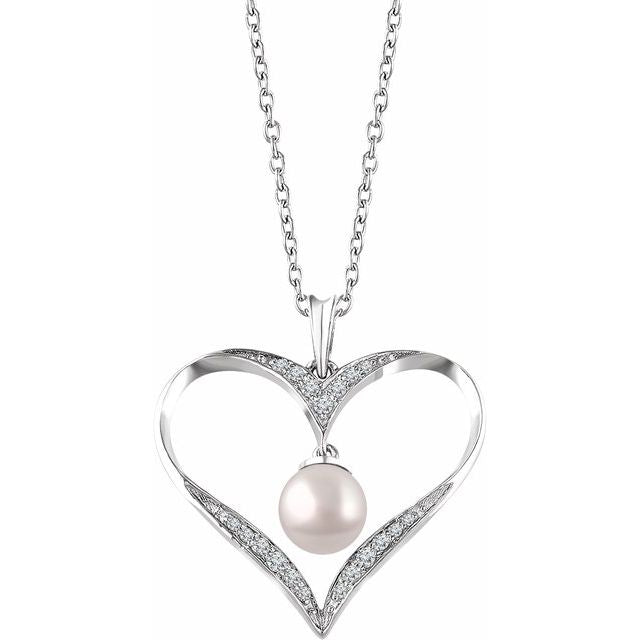 Sterling Silver Freshwater Cultured Pearl & 1/6 CTW Diamond 16-18" Heart Necklace 1