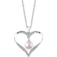 Sterling Silver Freshwater Cultured Pearl & 1/6 CTW Diamond 16-18" Heart Necklace 1