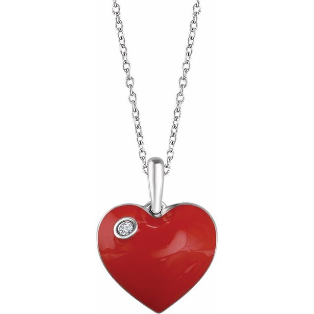 Sterling Silver .02 CT Diamond Red Enamel Heart 18" Necklace 1