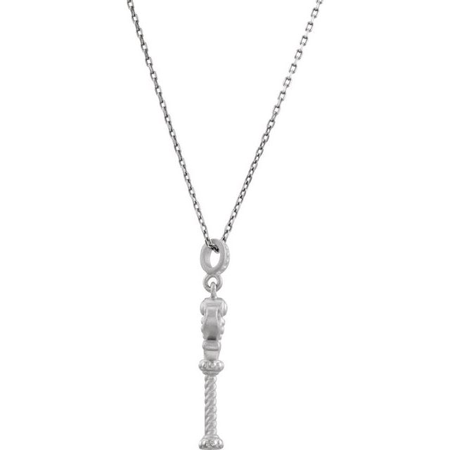 Solid 14k White Gold Vintage-Style Key Charm Pendant Chain Necklace 18