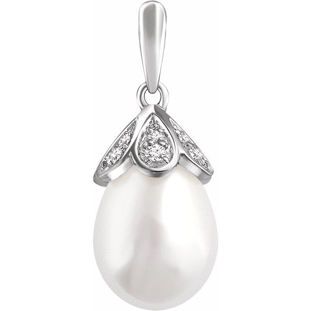 14K White Freshwater Cultured Pearl & 1/8 CTW Diamond Pendant 1
