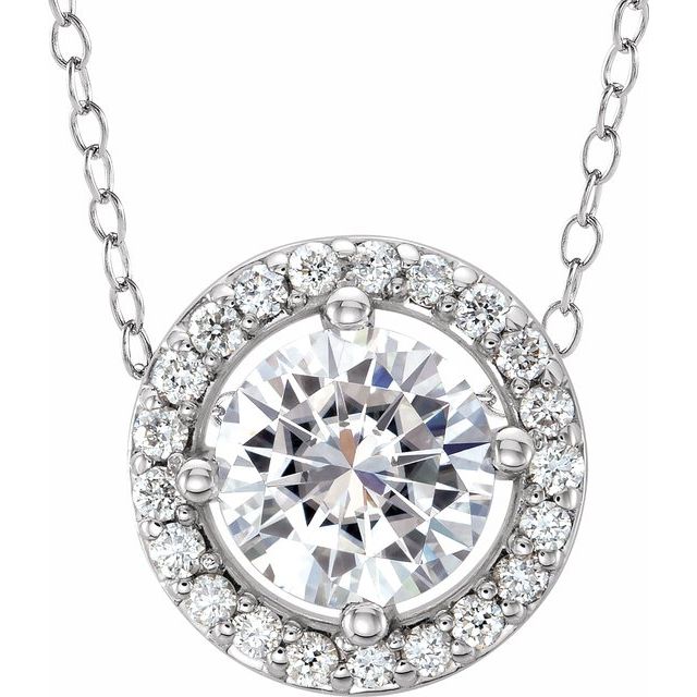 14K White 5 mm Round Forever One&trade; Moissanite & .06 CTW Diamond 16-18" Necklace 1