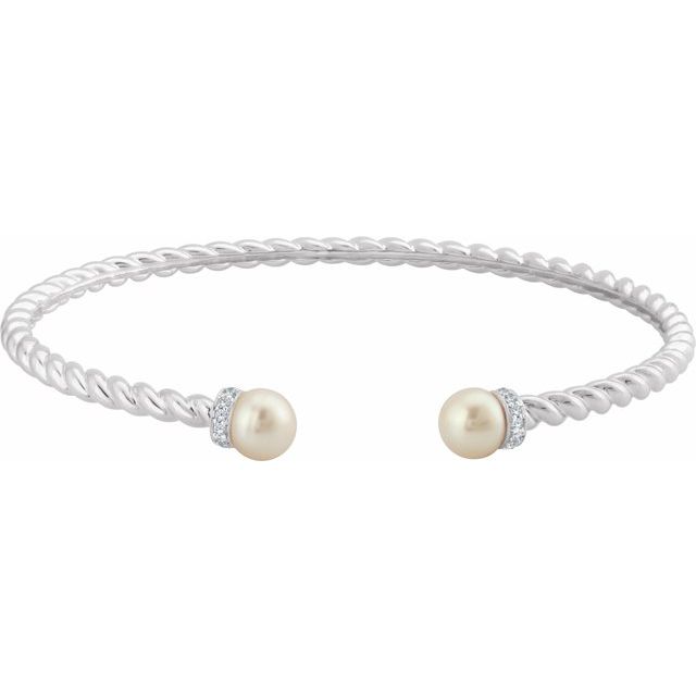 14K White Freshwater Cultured Pearl & 1/10 CTW Diamond Cuff Bracelet 1