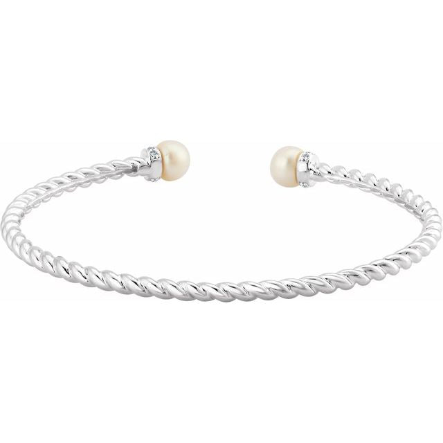 14K White Freshwater Cultured Pearl & 1/10 CTW Diamond Cuff Bracelet 2