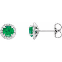 14K White 5 mm Round Lab-Created Emerald & 1/8 CTW Diamond Earrings