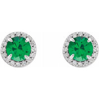 14K White 5 mm Round Lab-Created Emerald & 1/8 CTW Diamond Earrings